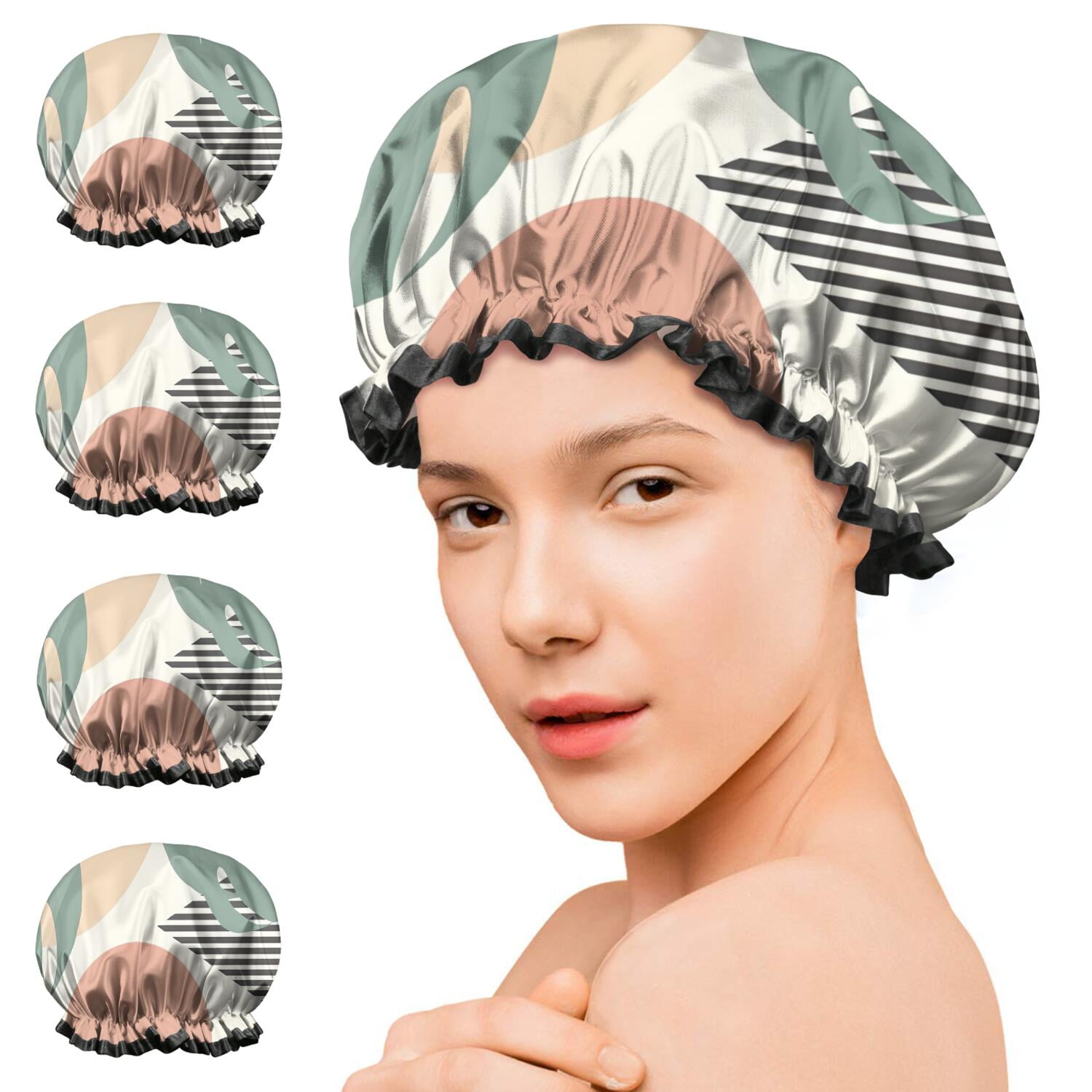 Shower Caps,Green Boho Geometric and Plant Pattern Waterproof Shower Cap for Women 4 Pieces,Double Reusable Hair Cover for Shower PEVA Elastic Stretch Hem