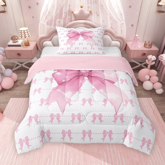 Erosebridal Cute Bowknot Twin Comforter Sets for Girls, Pink Ribbon Bedding Set, Pink Reversible, 1 Comforter and 1 Pillowcase