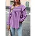 thumbnail image 3 of Solid Round Neck Ruffle Shoulder Crochet Detail Blouse for Women Purple Medium, 3 of 5