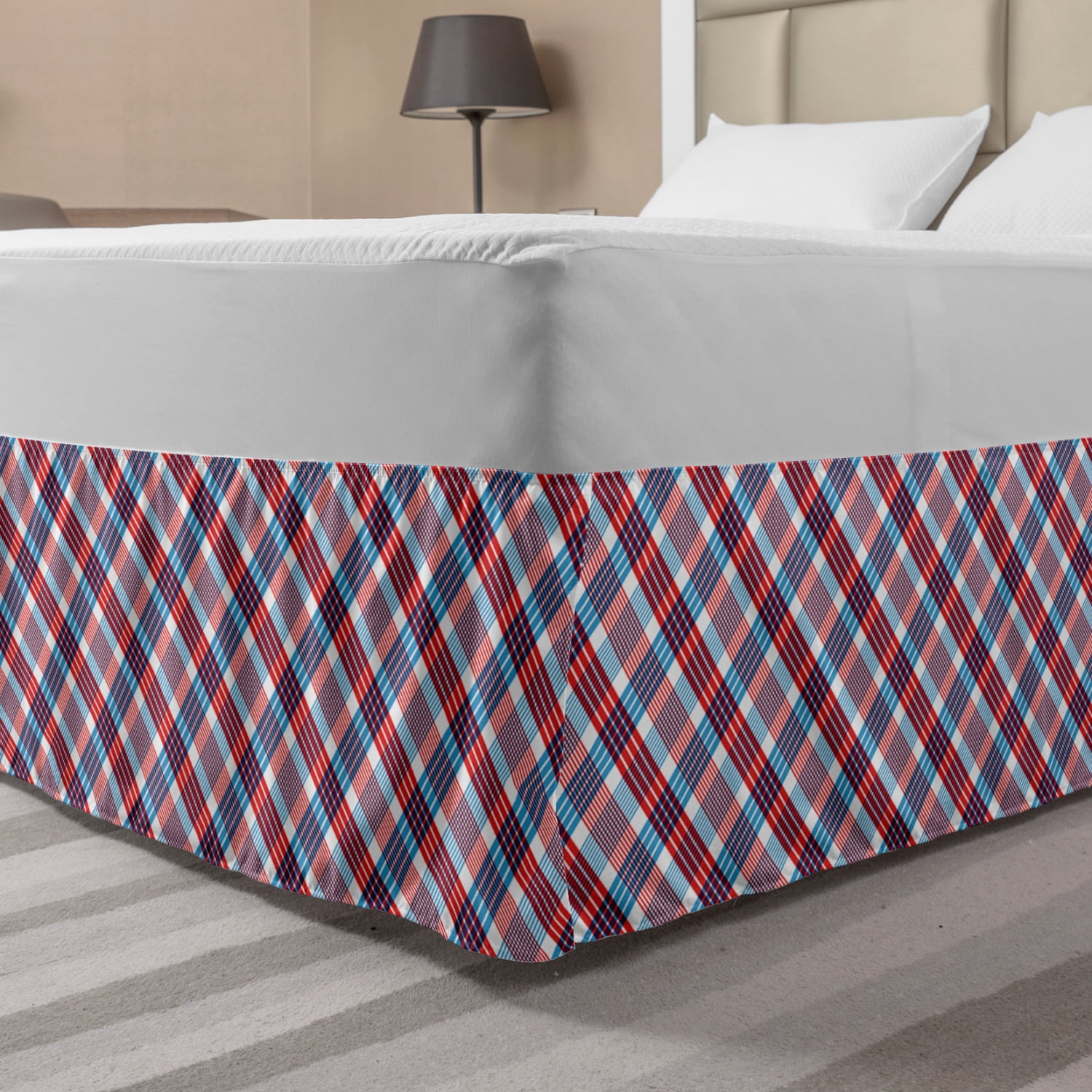 Plaid Bed Skirt, Checkered Pattern with Diagonal Stripes Antique