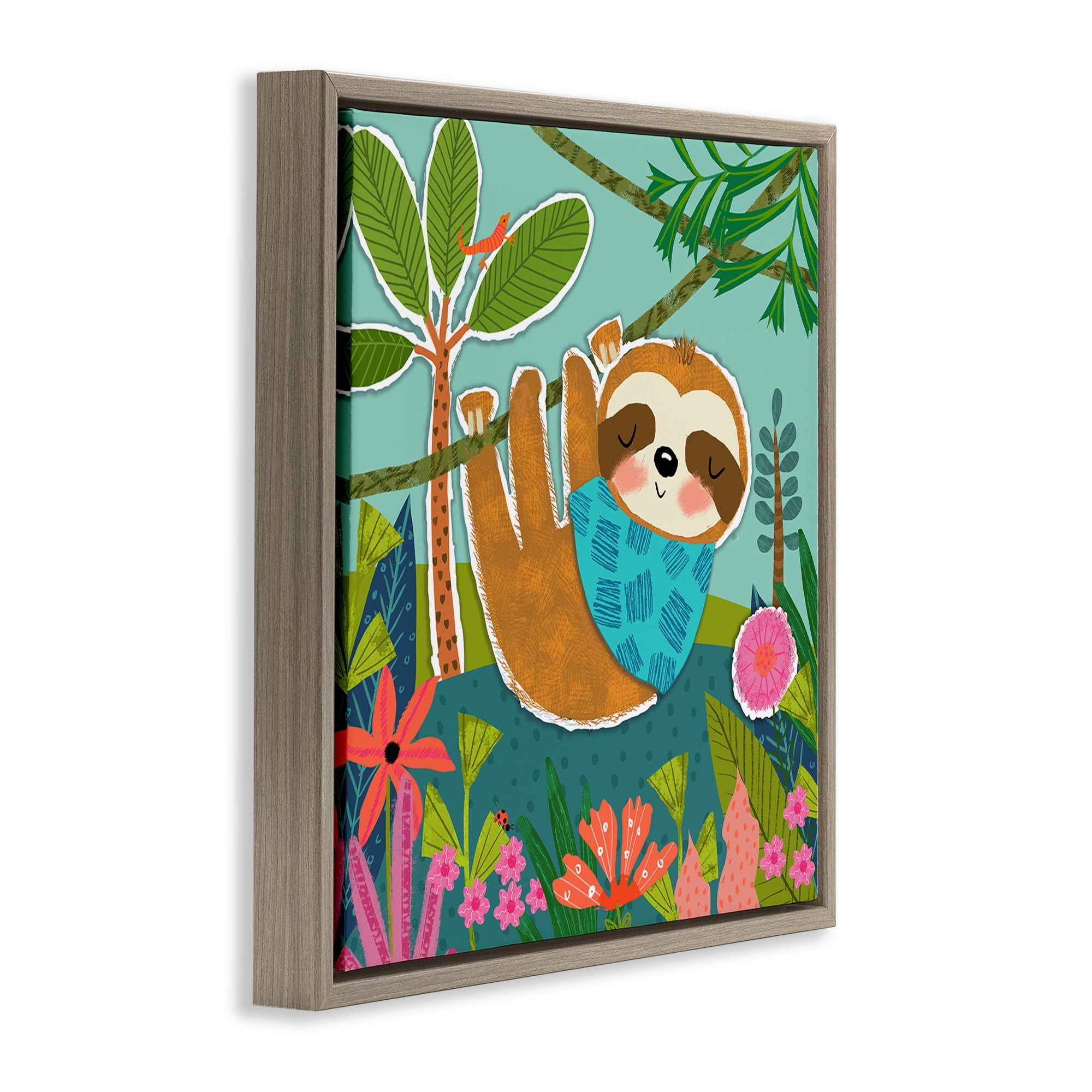 Stupell Industries Sleepy Sloth in Nature Animals Painting Brown Floater Framed Canvas Art Print Wall Art, 25 x 25