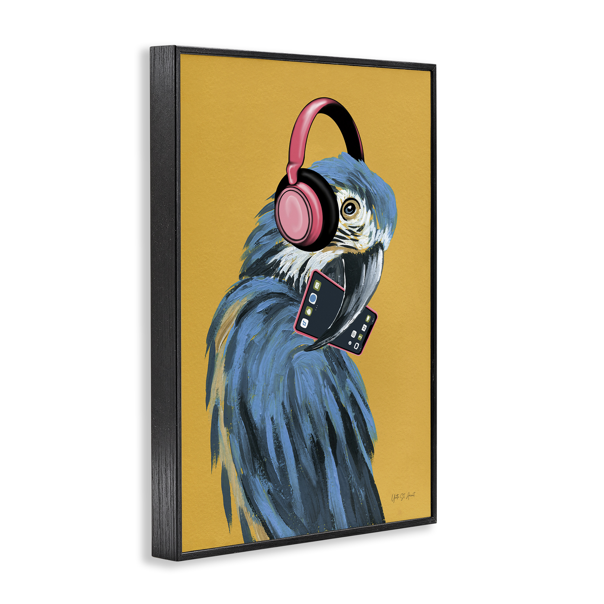 Stupell Industries Parrot Listening to Music Animals & Insects Painting Black Framed Art Print Wall Art, 20 x 30