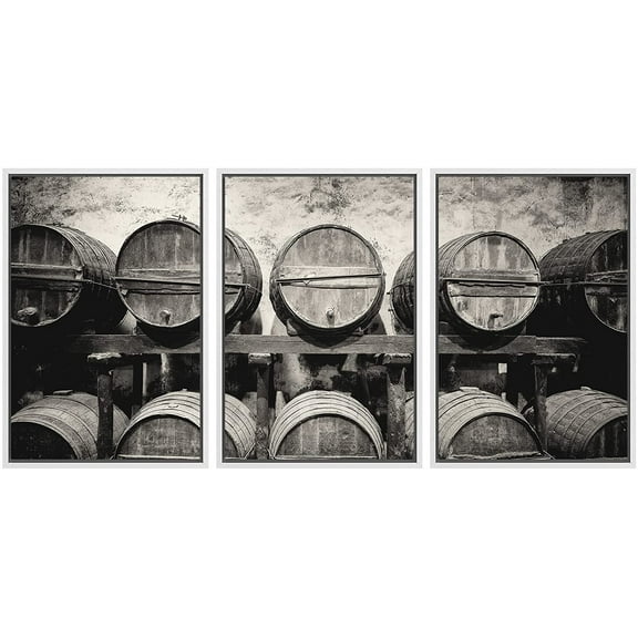 wall26 - 3 Piece Framed Canvas Wall Art - Barrels Stacked in The Winery in Black and White - Modern Home Art Stretched and Framed Ready to Hang - 24"x36"x3 WHITE