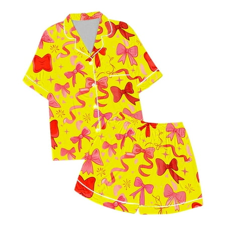 Kids Silk Pajamas Girls Summer Kids Toddler Girls Bow Tie Print Satin Pajama Set Classic Casual Sleepwear Pajamas for Girls Yellow 6 Years-7 Years