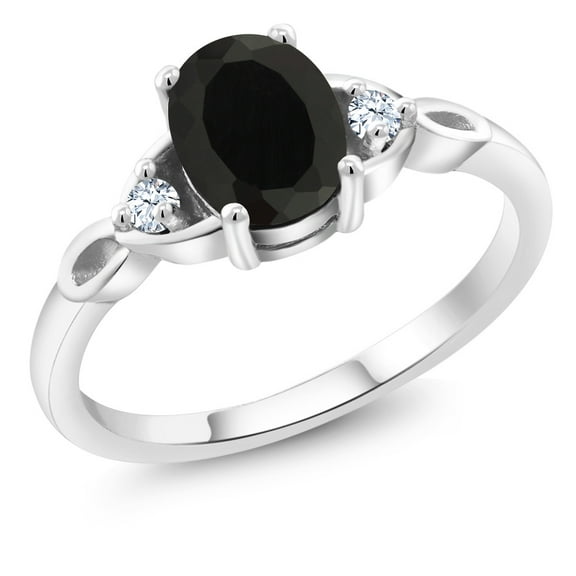 Gem Stone King 925 Sterling Silver Black Onyx 3 Stone Ring for Women | 1.31 Cttw | Gemstone December Birthstone | Oval 8X6MM | Available in Size 5, 6, 7, 8, 9