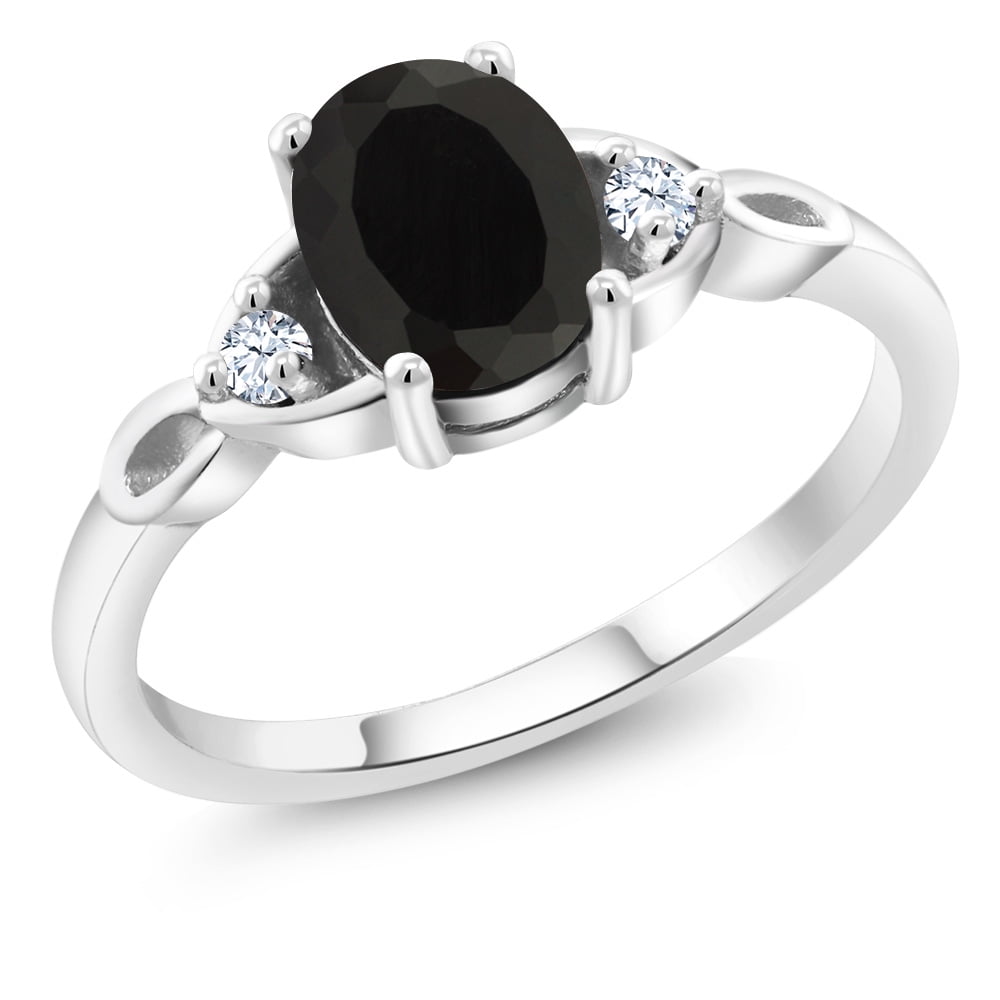 Gem Stone King 925 Sterling Silver Black Onyx 3 Stone Ring for Women | 1.31 Cttw | Gemstone December Birthstone | Oval 8X6MM | Available in Size 5, 6, 7, 8, 9