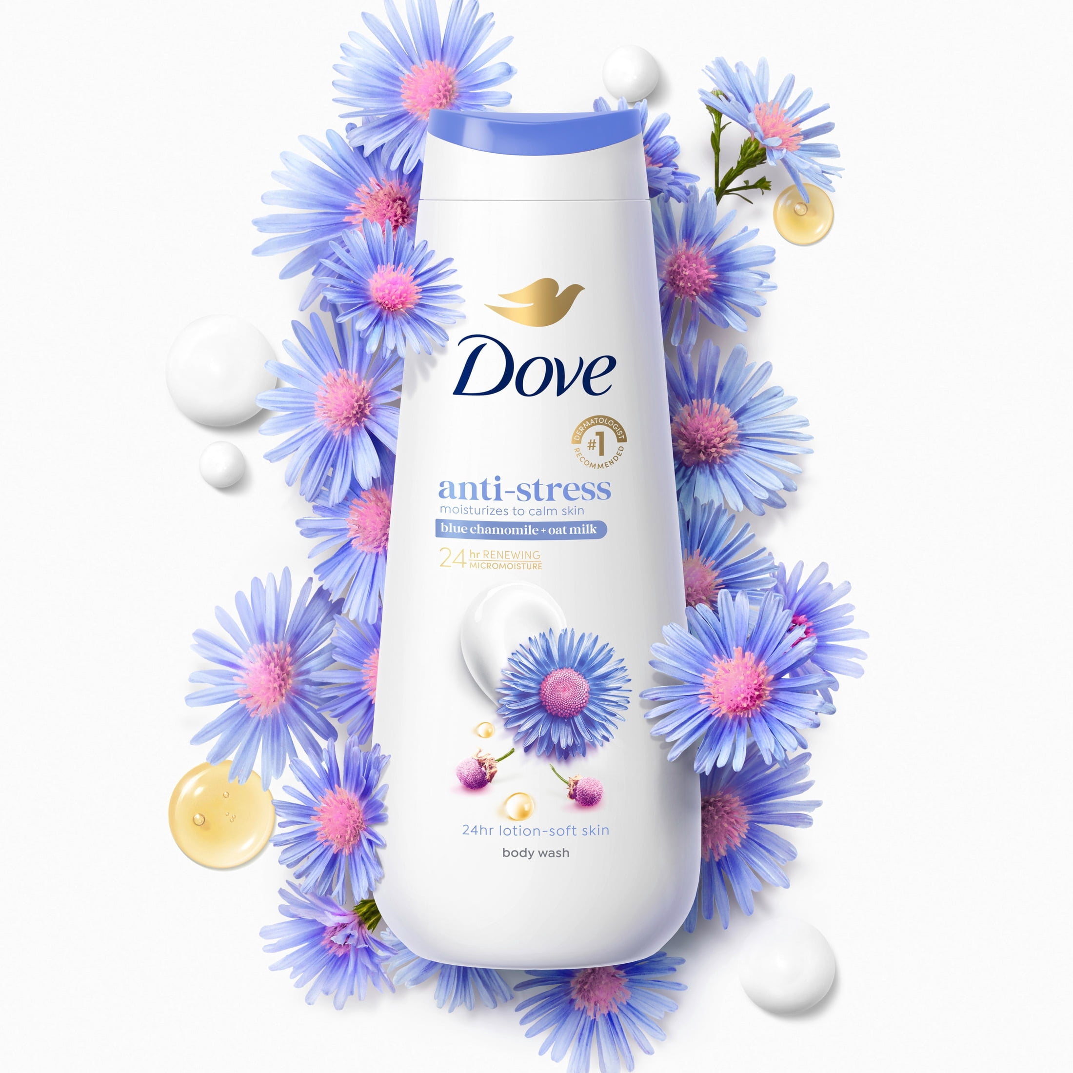 (4 pack) Dove Body Wash For 24hr Lotion-Soft Skin Anti-Stress Blue Chamomile & Oat Milk Moisturizing Skin Cleanser With No Sulfates No Parabens ,20 fl oz