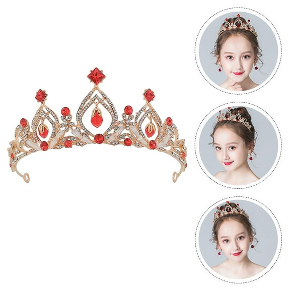 DRAFIDEEP 1Pcs Tiara Crown for Kids Girls Birthday Decoration Red Gold 14x5.5x3.1in Alloy Photo Prop