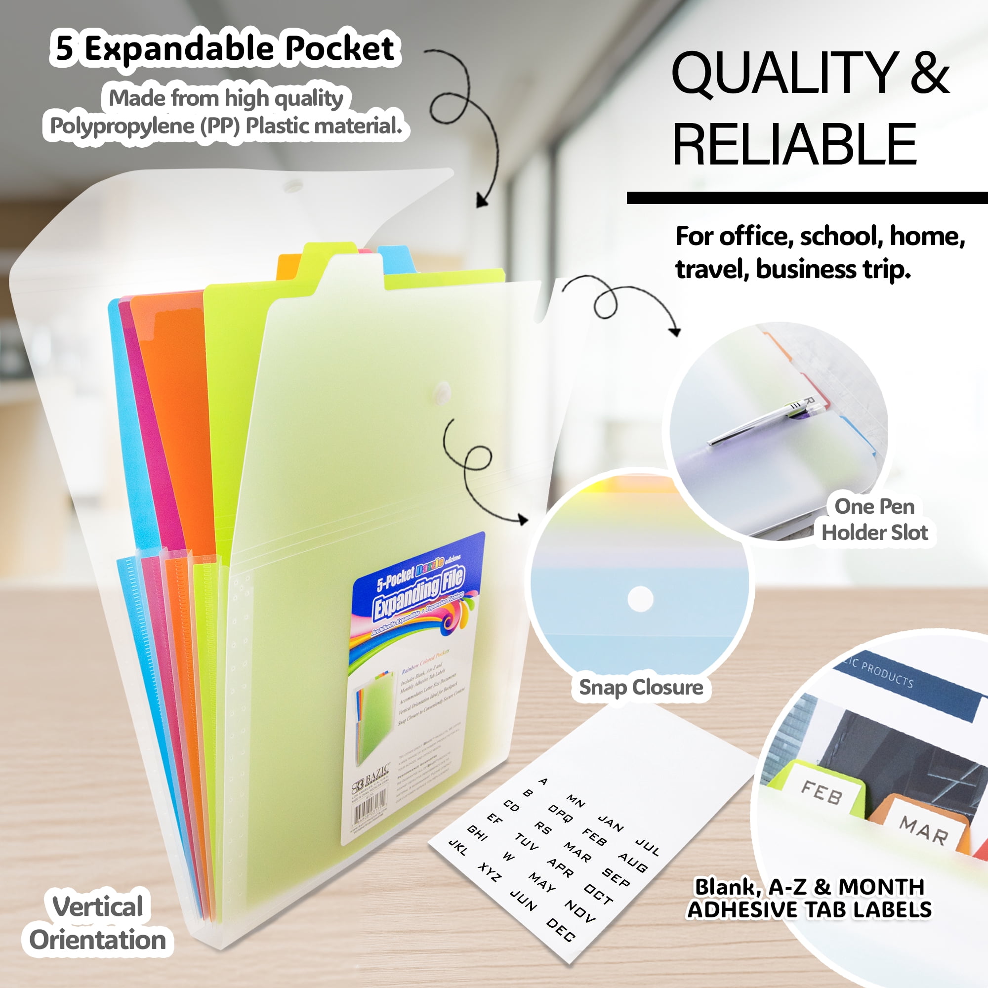 BAZIC Expanding File Folder 5 Pockets w/ Tab, Letter Size Plastic File Pocket Folders, 12-Pack