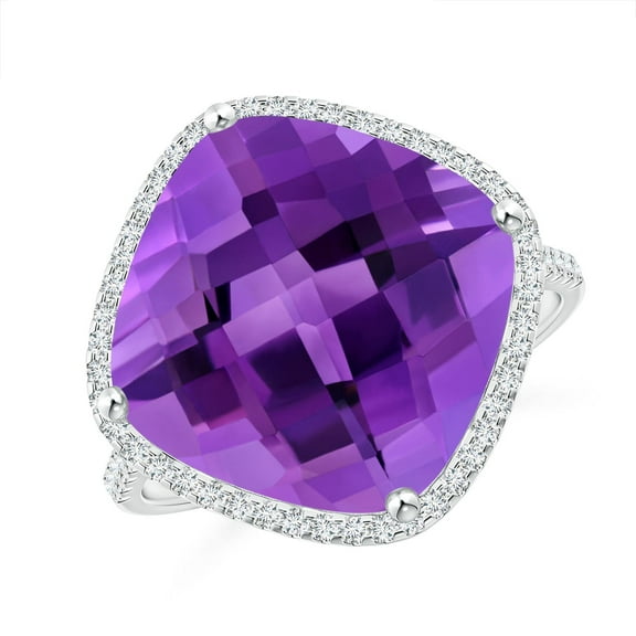 ANGARA Natural Cushion 8 ct Amethyst Halo Ring with Clover Motif in 14K White Gold for Women (Size-13mm) | February Birthstone, Birthday, Anniversary, Jewelry Gift for Women | Natural Amethyst Ring