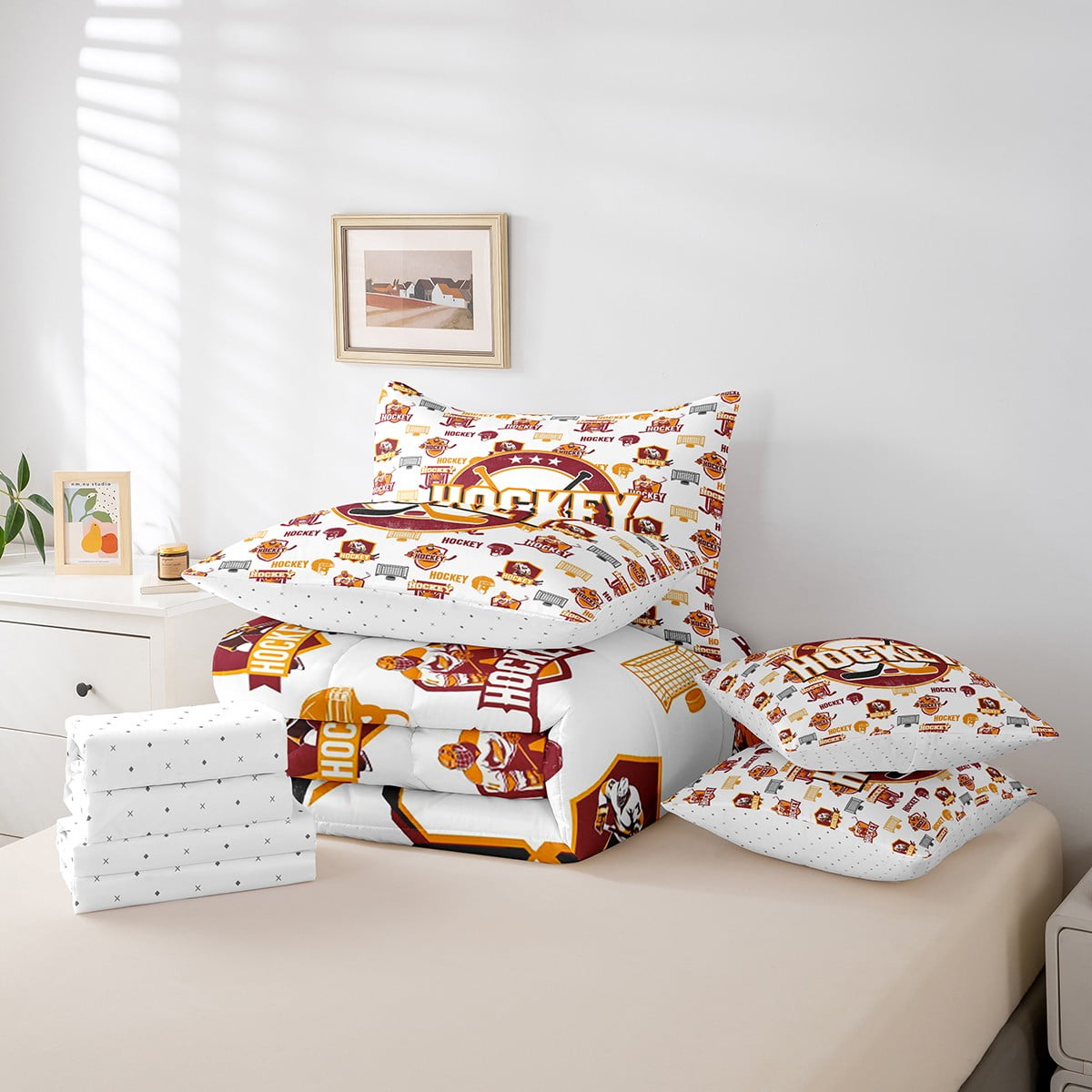 Housse De Couette Hockey 160x200 Cm - Impression 3D Sport Glace - Microfibre Douce - 2 Taies D'Oreiller - Literie Thème