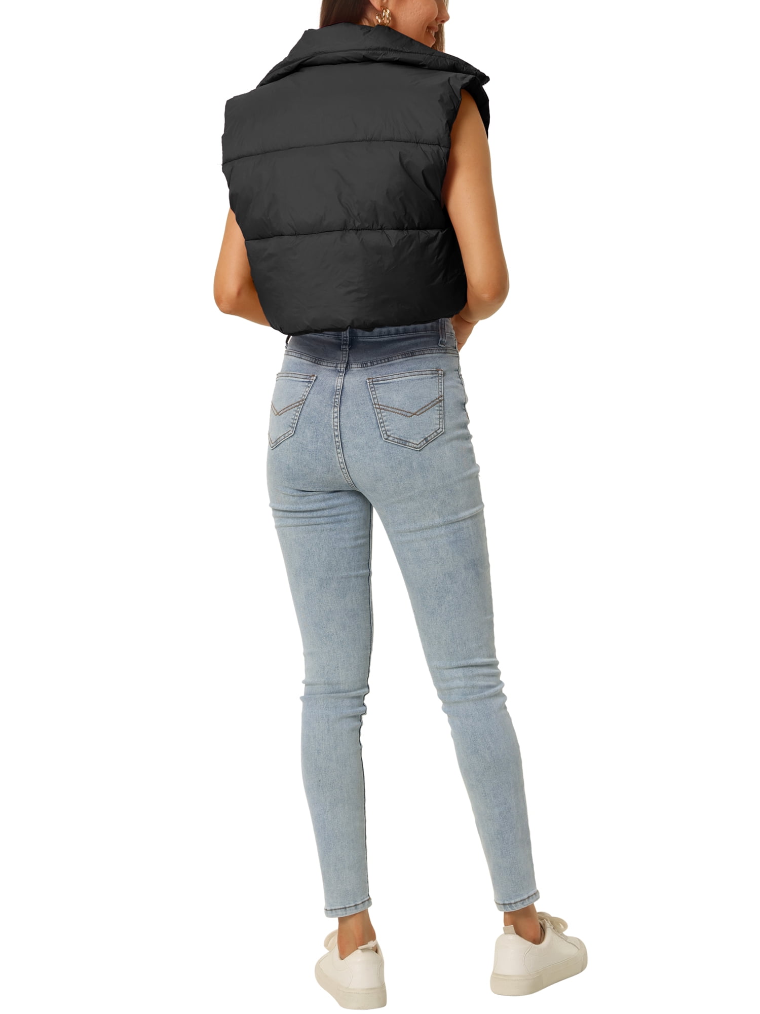 Unique Bargains Women's Padded Vest High Stand Collar Zip Crop Fashion Jacket Puffer Vests XL Black