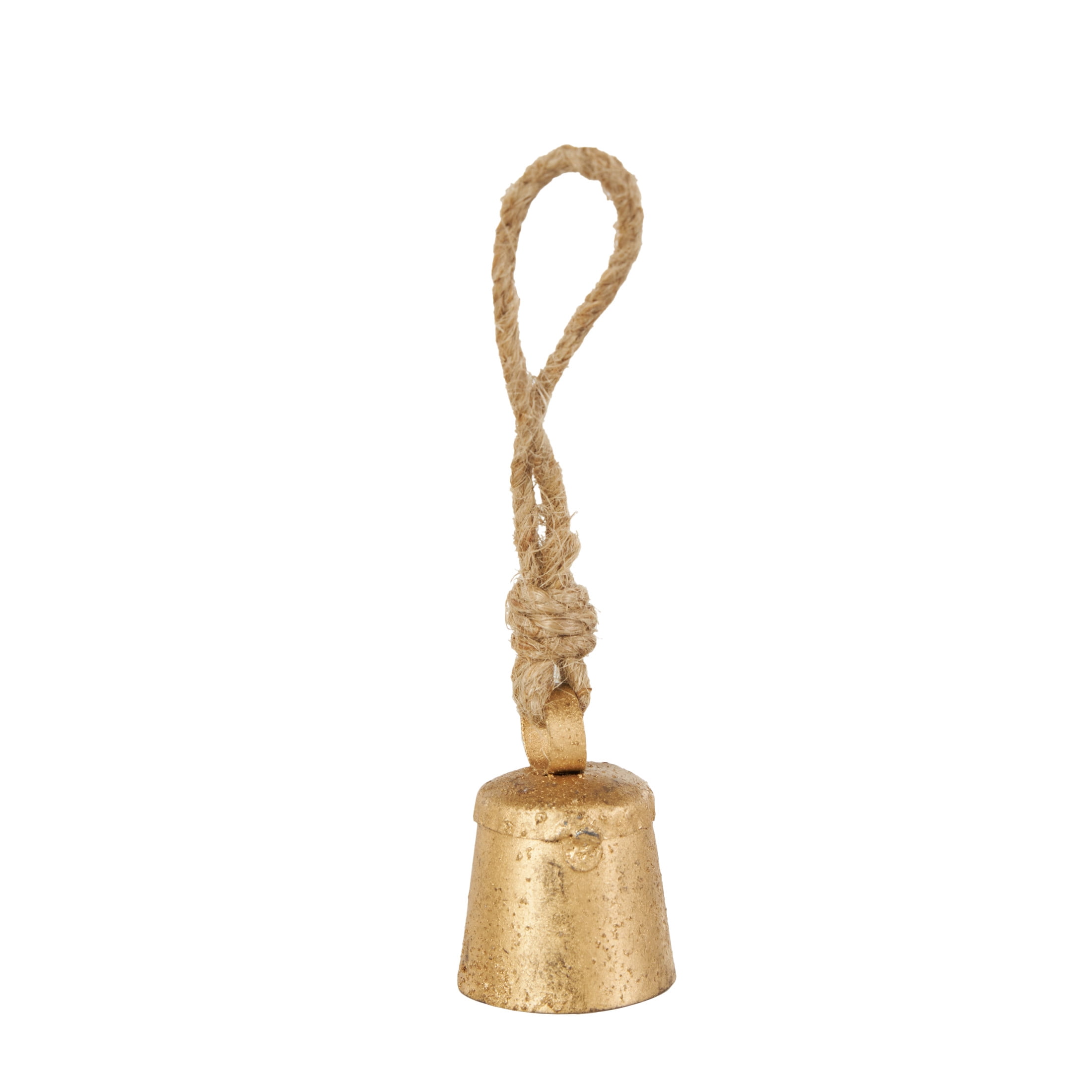 DecMode Tibetan Inspired Gold Metal Round Decorative Bells with Jute Rope and Canvas Tote, 36 Count