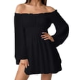 thumbnail image 2 of Laqbezok Women's Off Shoulder Ruffle Mini Dress, Long Lantern Sleeve Smocked Waist Sundress, Solid Color Casual A-Line Dress for Party Club, 2 of 8