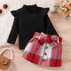 thumbnail image 3 of Gibobby faldas de mezclilla para mujer para niñas pequeñas, Tops con estampado a cuadros, conjuntos de falda con pajarita(Negro, 3-4 Años), 3 of 5