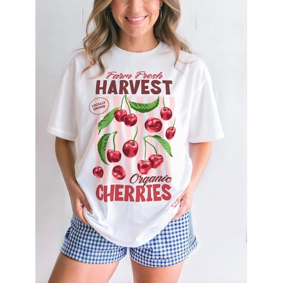 Organic Cherries Graphic T-Shirt, Retro Fruit Tee, Cherry Print Shirt, Cute Gift for Her