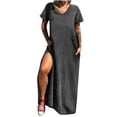 thumbnail image 1 of adviicd Robe Maxi pour Femmes Robe d'Été à Manches Courtes Col Rond Rayée Basique Unie pour Bureau Gris,P, 1 of 4