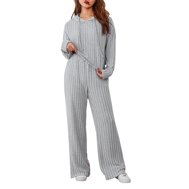 Gupgi Women Solid Color Tracksuit 2 Piece Spring Ribbed Outfits Short Hoodies Loose Pants