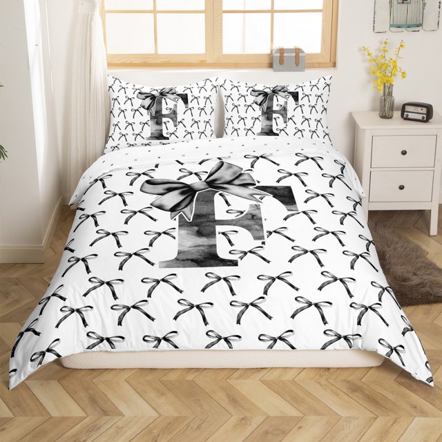 Erosebridal Housse de Couette Lettre Nœud Très Grand, Literie Initiale Monogrammée Format Très Grand, Décoration de Chambre de Rêve, Réversible, Respirante, 3 Pcs (Sans Couette)