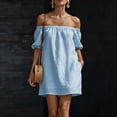 thumbnail image 2 of Hduncf Women's Off Shoulder A-Line Dress Plain Frilled Ruffled Hem Shirred Three Quarter Length Sleeve Mini Dress Blue L, 2 of 5