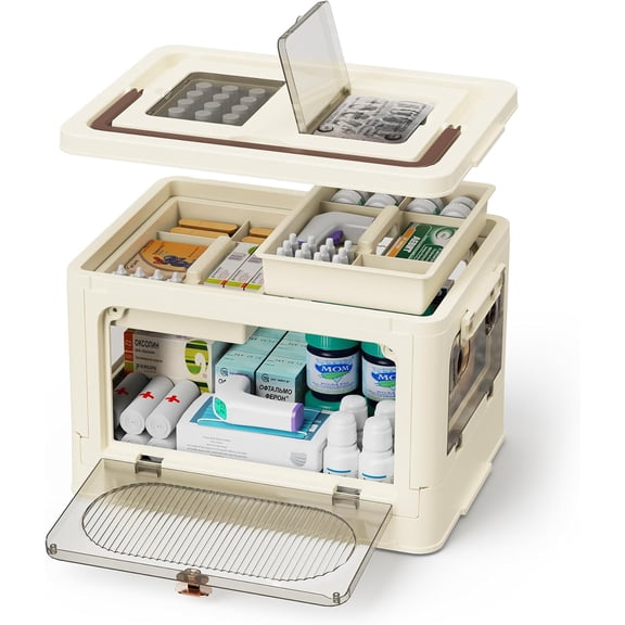 Medicine Box Cabinet Organizer - Empty First Aid Kit Storage, Clear Plastic Portable Container, 3 Tier Pill Bottle Medical Supply Case with Handle, Medication Caddy Chest