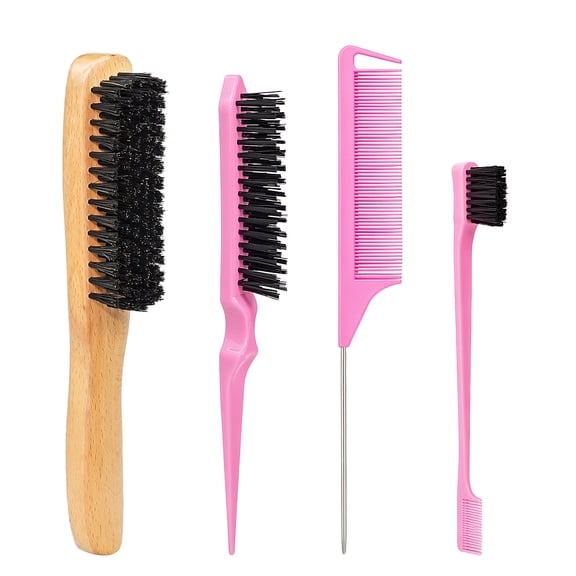 OPALESQUE 4pcs Boar Bristle Slick Back Hair Brush for Smooth Flyaways, Frizz, Sleek Ponytail, Buns and Edge Baby Hair, Teasing Hair Comb, Edge Brush