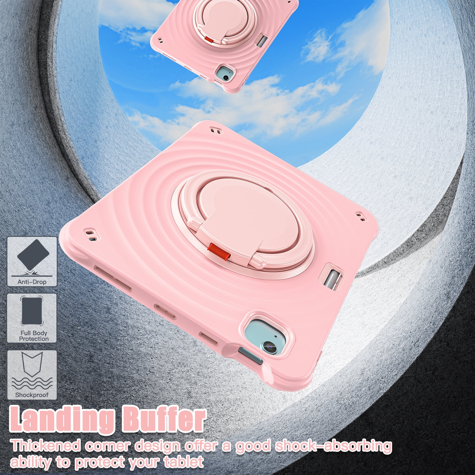 ELEHOLD Case for Apple iPad Air 11 (2024), Portable Hybrid Shockproof iPad Case with Pencil Holder & Hanging Ring Handle Rotatable Kickstand,Pink