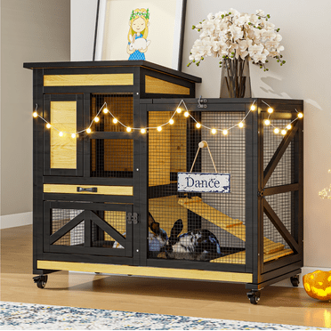 TIMHAKA  Large 2-Story Rabbit Cage with Run – Indoor & Outdoor Bunny Hutch, Wooden Cage for Guinea Pigs, 2 Removable Trays, Waterproof Roof, 4 Metal Wheels for Small to Medium Animals