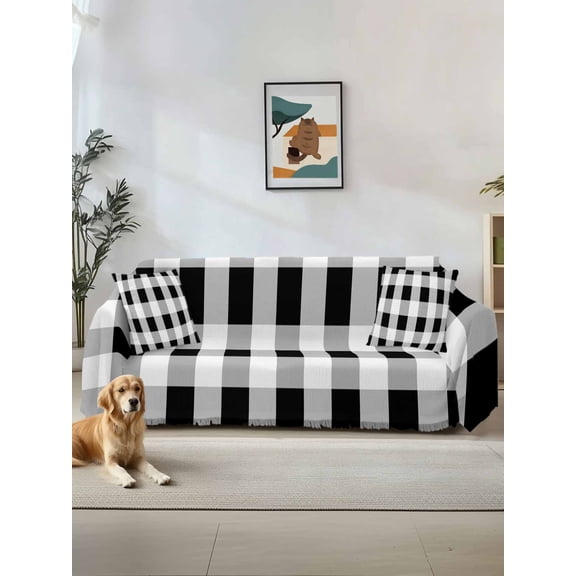 Black White Plaid Couch Cover for Dogs, Spring Farmhouse Buffalo Checkered Washable Sofa Covers Slipcover for Pets Dogs Futon Cover, Couch Recliner Covers, Oversized Chair Slipcover 71"x91"