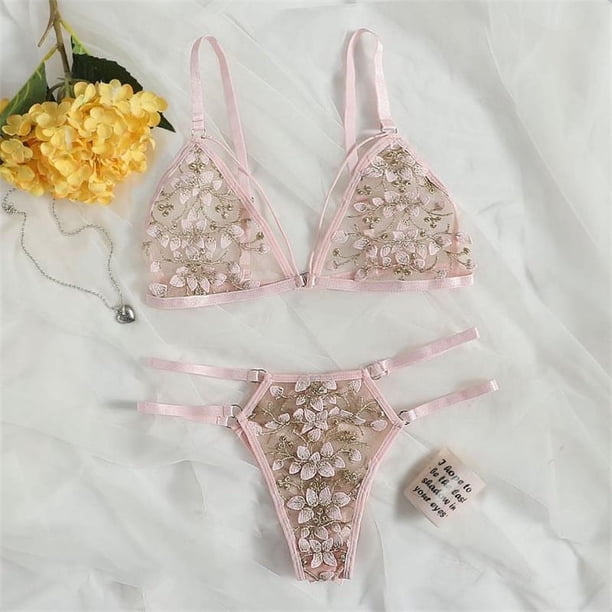 Conjunto de ropa interior sexy con sujetador y flores bordadas en tres dimensiones y tres puntos