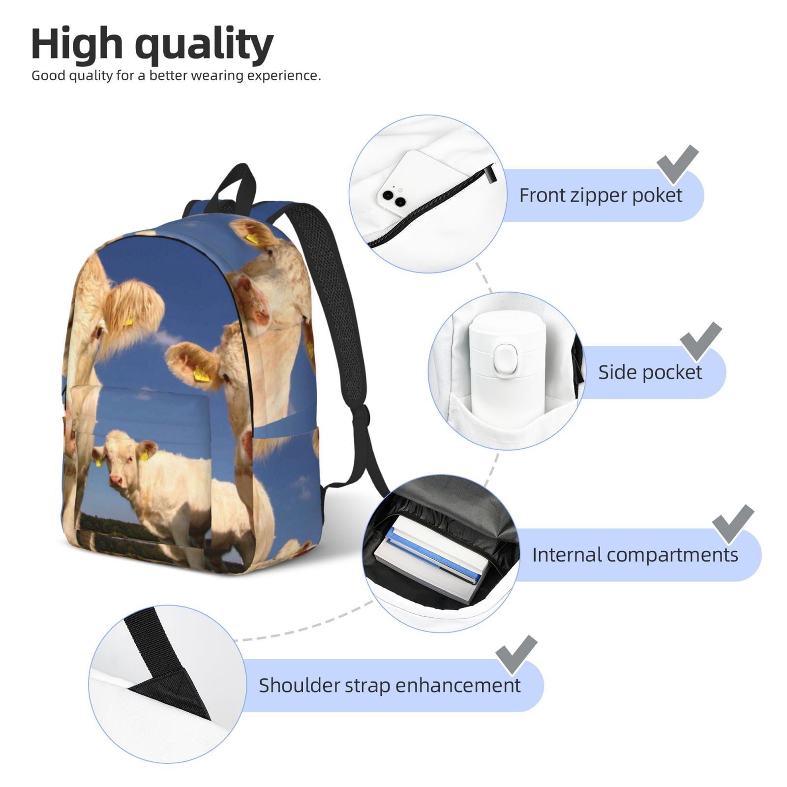 Picia Cows Cattles Printed Canvas Daypack - Stylish and Durable Vintage Compact Backpack - Class, Work, Travel, or Laptop Bookbag,Organized Compartments-Medium