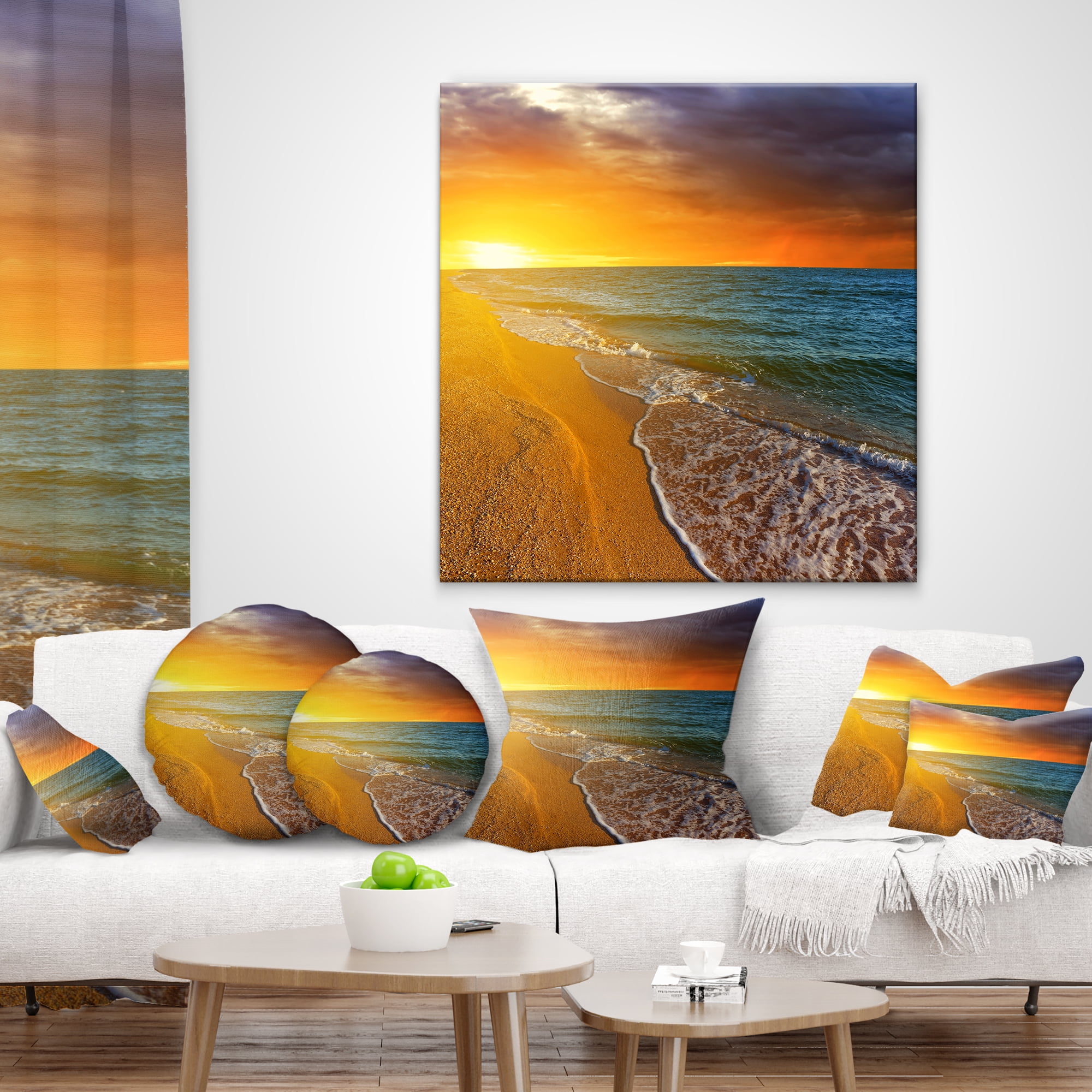 Designart Fantastic Yellow Sky in Blue Beach - Seashore Throw Pillow - 12x20
