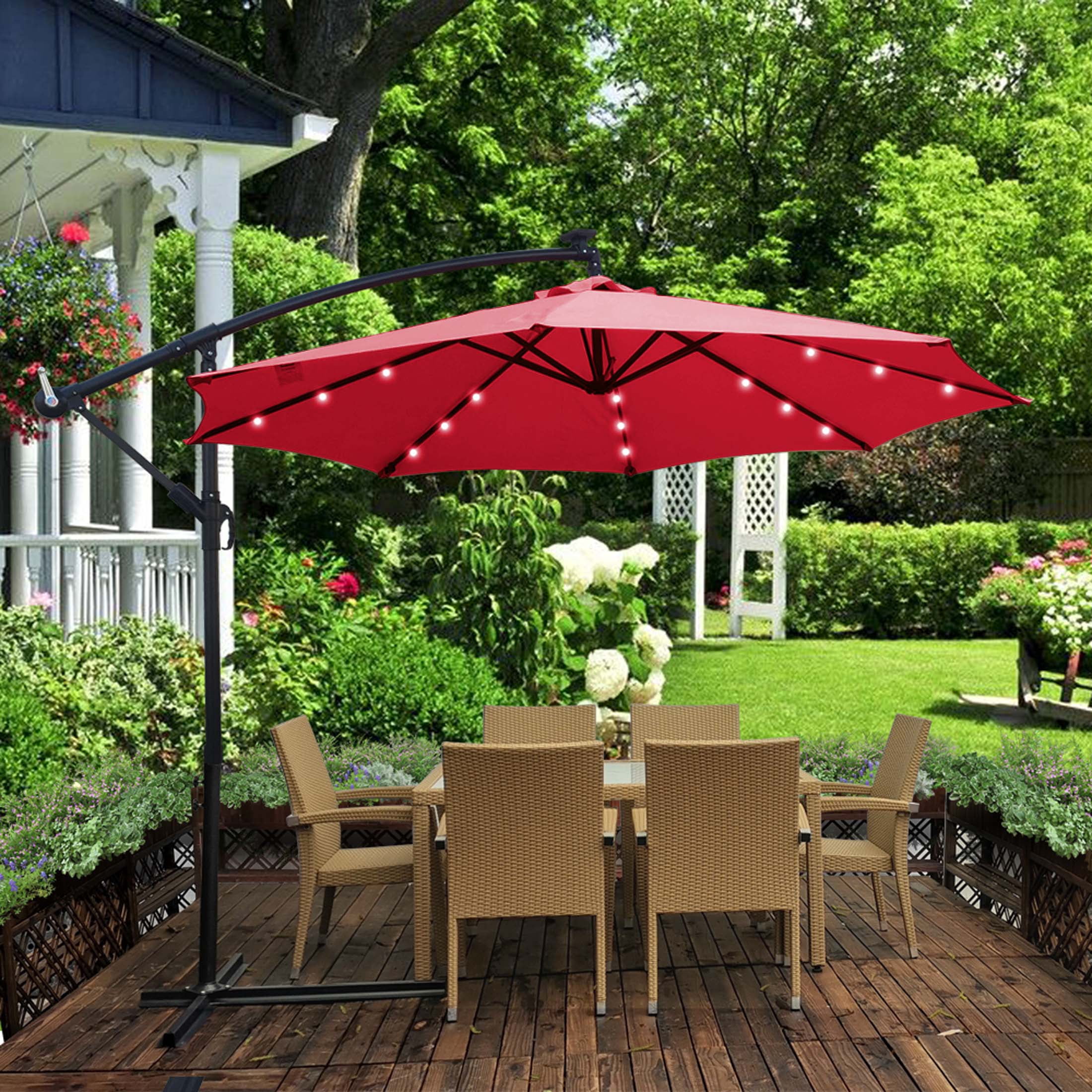 Aukfa 10ft Patio Solar LED Lighted Outdoor Umbrellas with Cross Base for Market Beach Pool - Red