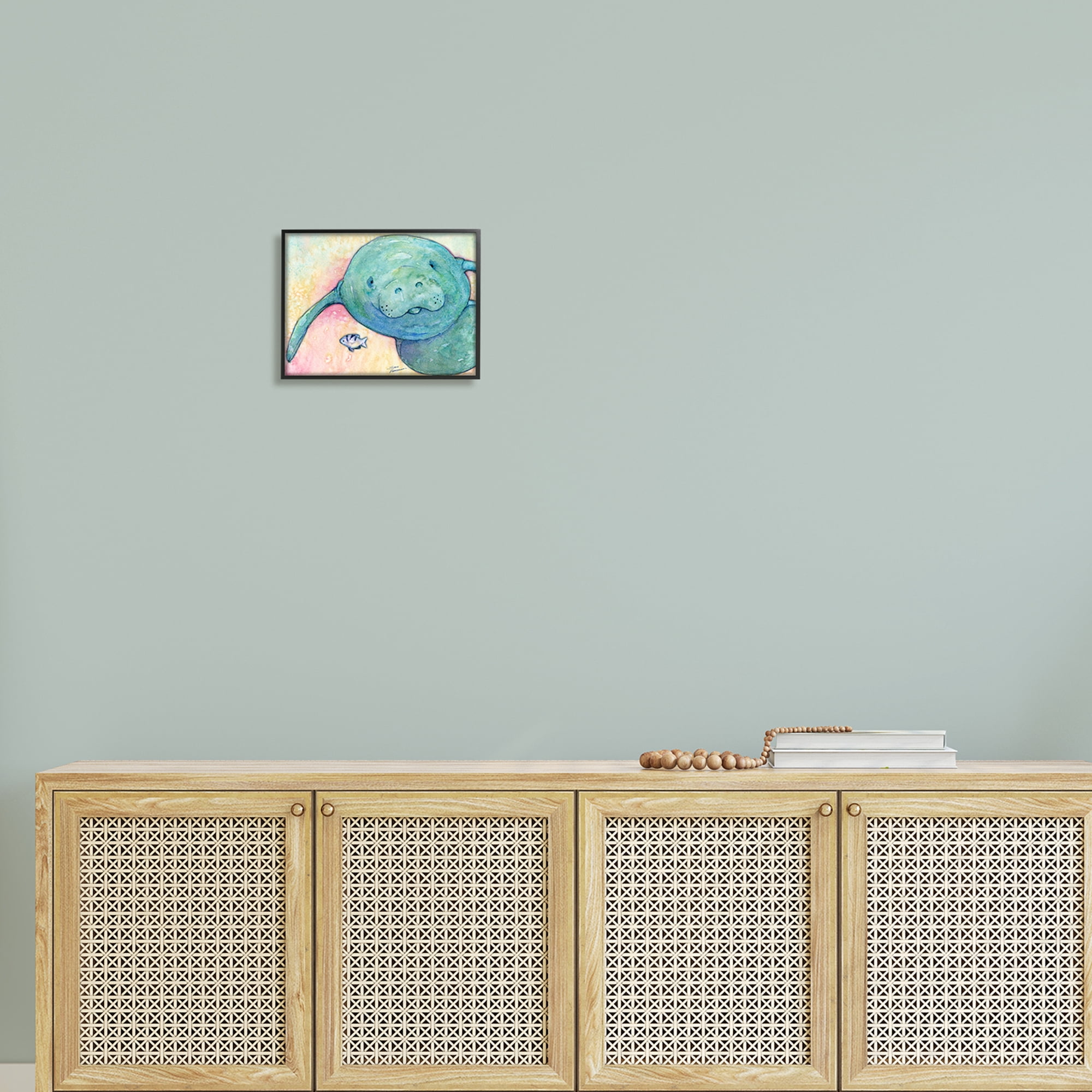Stupell Industries Smiling Manatee Aquatic Wildlife Fish Rainbow Pattern Painting Black Framed Art Print Wall Art, Design by Steve Vanderbosh