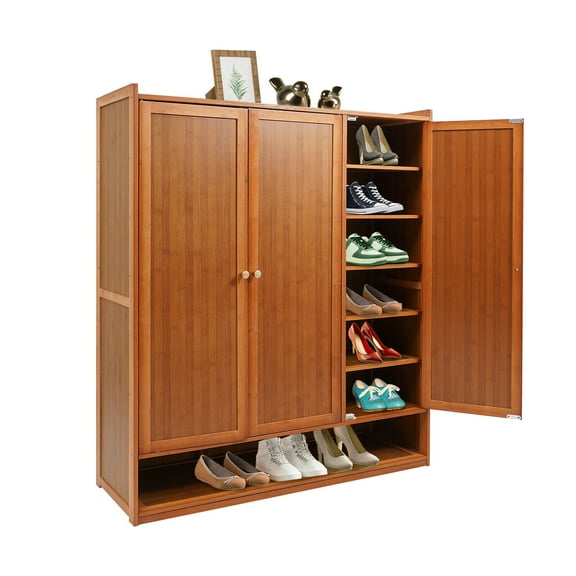 Shoe Storage Cabinet W/ Shutter Doors, Bamboo Shoe Floor Storage Organizer Rack