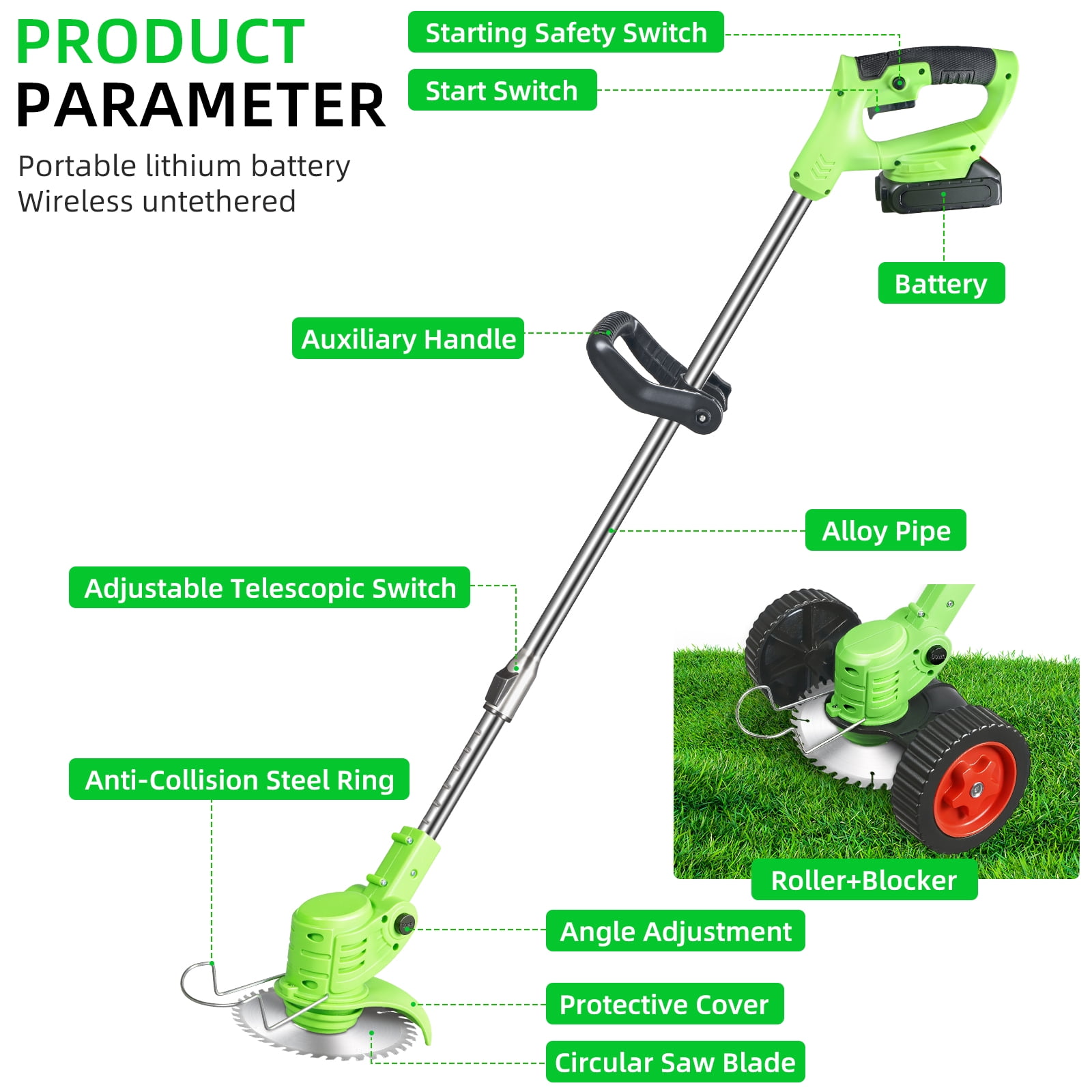 Paddsun Electric Cordless Lawn Trimmer, 21V Weed Wacker with Wheels Grass Edger Tool for Lawn Yard Garden