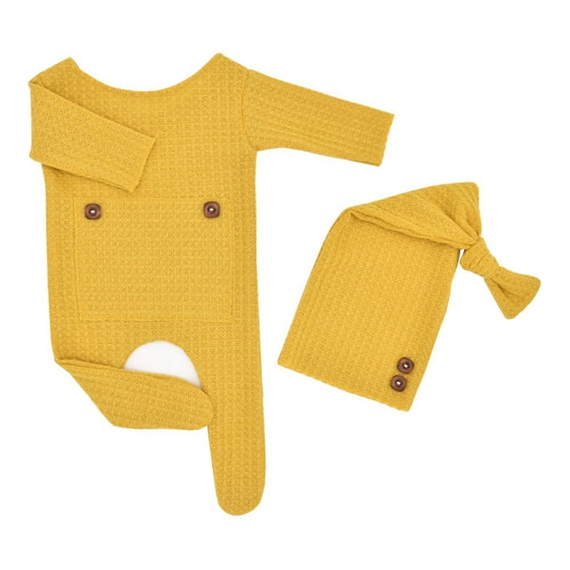 EDFBUYKRS Baby Photography Prop Footed Romper Button Overalls Hat Set