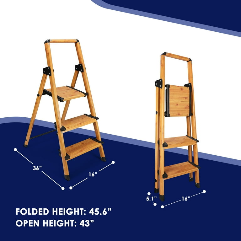 Delxo Aluminum Folding 3 Step Stool Stepladder w Handrail Woodgrain Finish Walmart