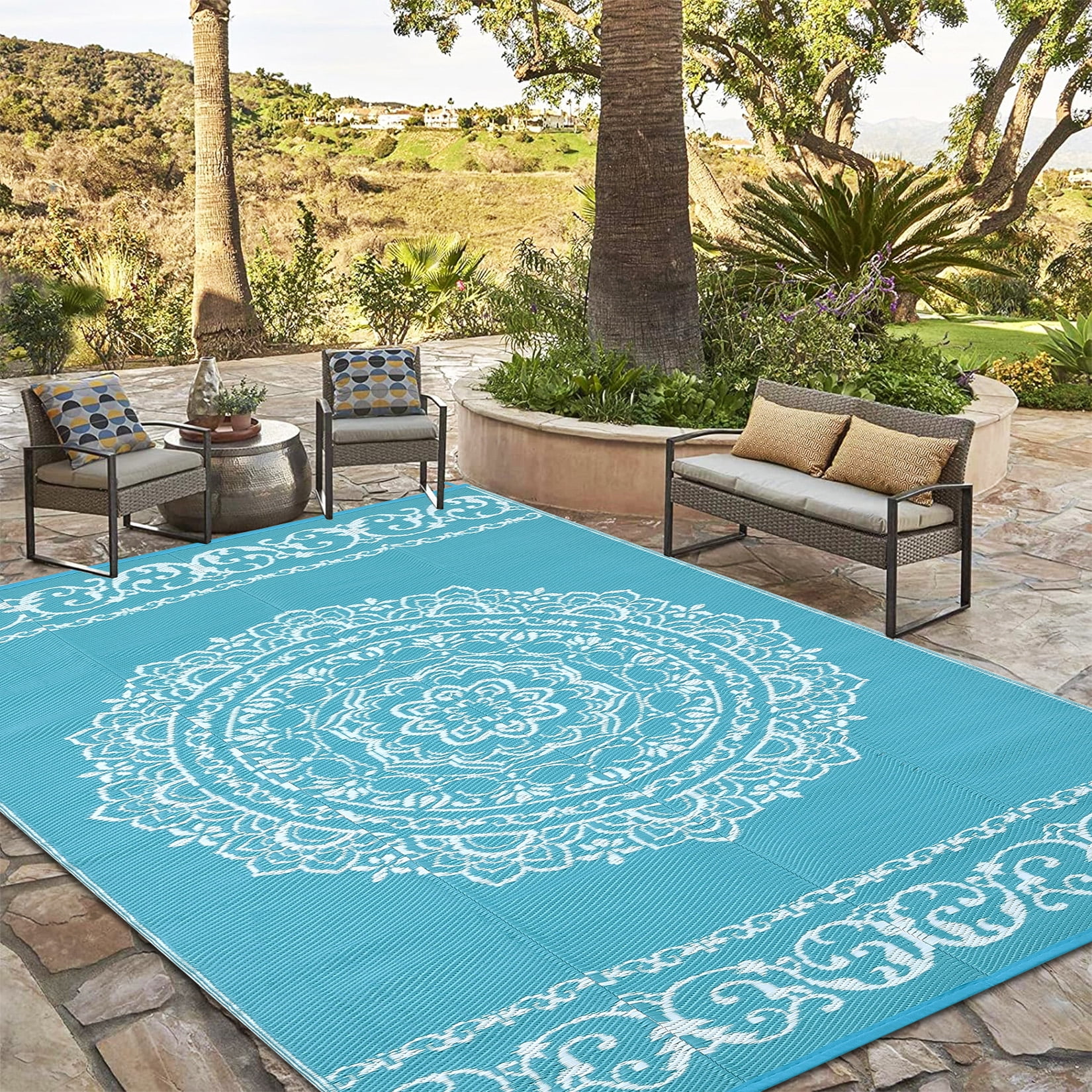 Gavee 9'x18' Boho Outdoor Rug, Waterproof Reversible Patio Area Rug Indoor Outdoor Carpet, Plastic Straw Rug RV Outdoor Mat for Camping Deck Balcony, Porch, Picnic, Light Blue and White
