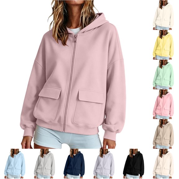 Hauaitttt Lady Zip up Hooded Sweatshirt with Loose and Casual Long Sleeves and Jacket Style Hoodie Female Small Sweatshirts Light Weight Zip up Hoodie Women Hooded Sweat Shirt for Women Snap Front