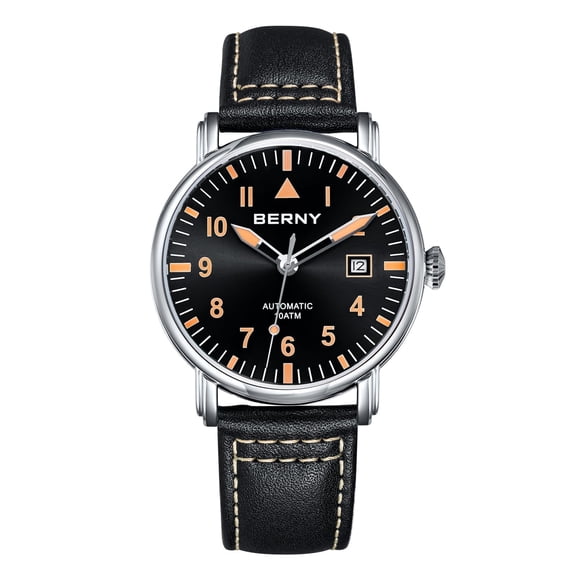 BERNY Mechanical Automatic Watch for Men Self Winding Classic Wristwatches with Leather Strap Waterproof 10ATM Sapphire Glass Scratch Resistant Super Luminous