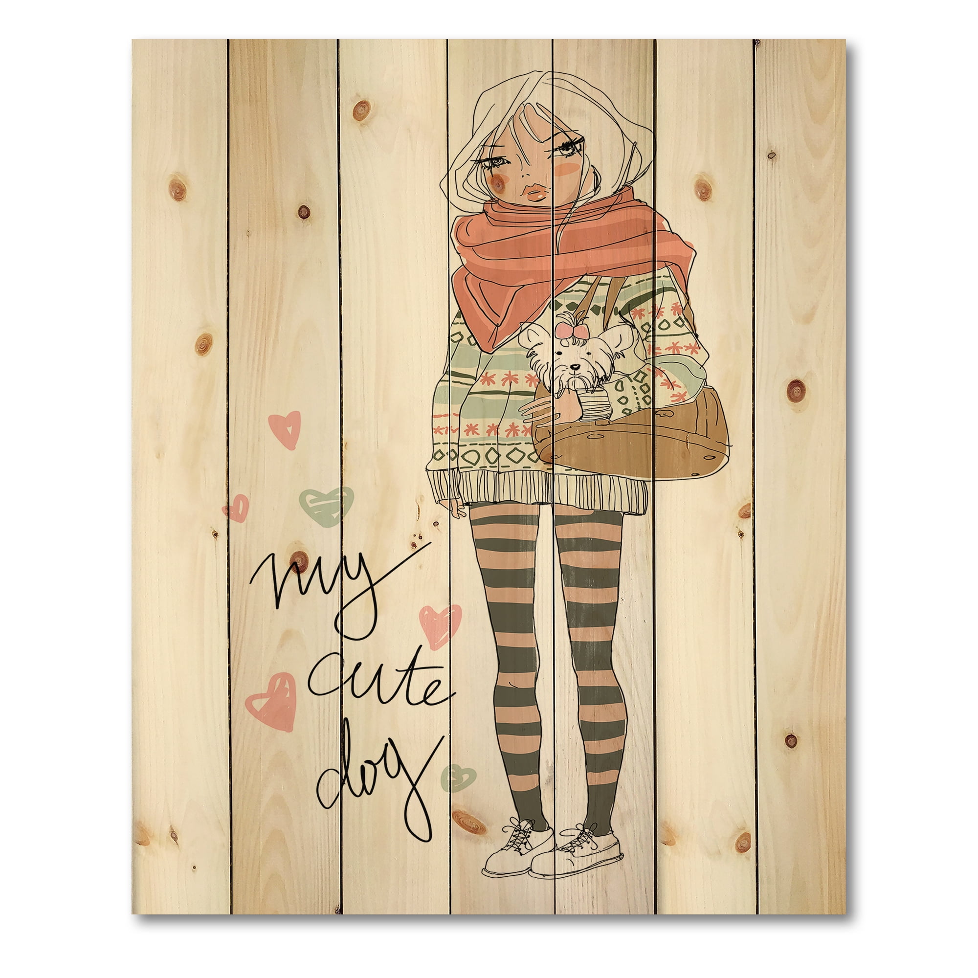 Designart 'My Cute Dog Cute Girl With Dog' Shabby Chic Print on Natural Pine Wood