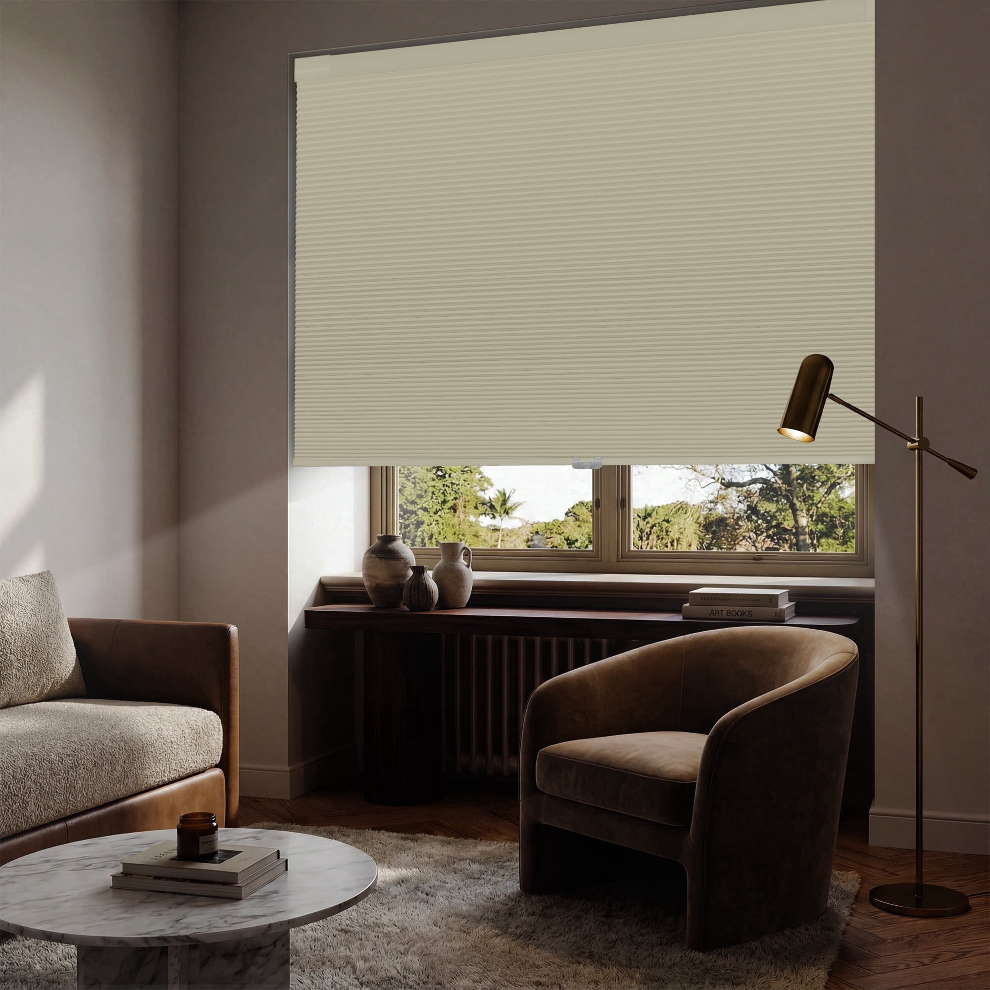 BERISSA Cordless Blackout No Drill No Tools Cellular Shades, Pull Down Window Blinds,Beige,42" W x 80" H