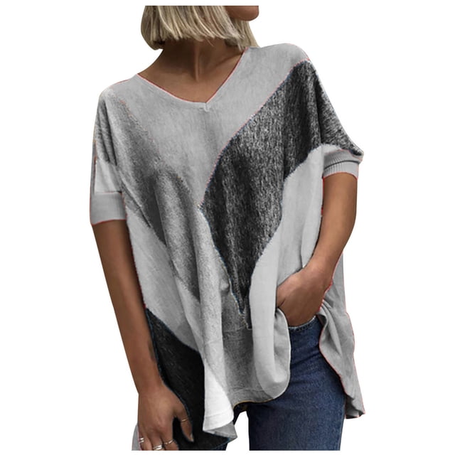 Bigersell T-Shirts Amples pour Femmes Hauts Unis Col en V Été Décontracté Manches Courtes Plus Muscle Col Rond Manches Courtes Style Boho B22761, Gris TG