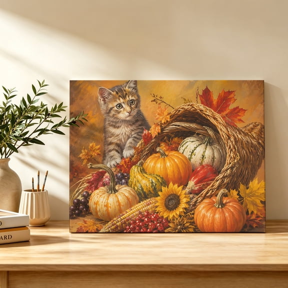 Thanksgiving Fall Canvas Wall Art, Rustic Cat Orange Pumpkin Cornucopia Basket Leaf Wall Art Prints Artwork Framed Canvas Ready to Hang Art Pictures for Bedroom Living Room Closet Kitchen 16" x 12"