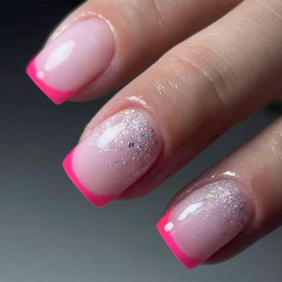 Huhudde Press on Nails Rose Fake Nails Square French Tips Full Covers False Nails with Designs 24 Pcs Stick on Nails for Women