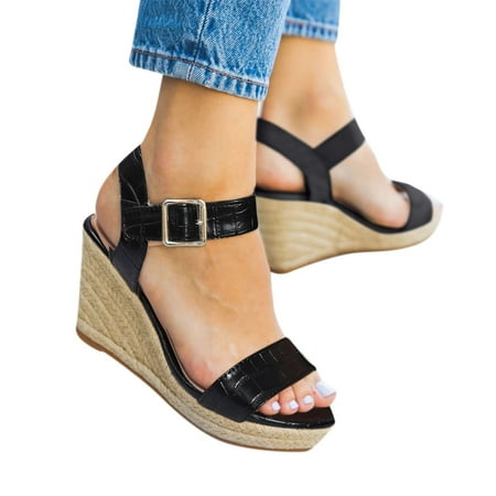 

Cathalem Wedge Sandals for Women Wide Width Sandals Animal Spring Buckle Summer Heel Wedge And Women Tie Sandals for Women Flat Black 6.5