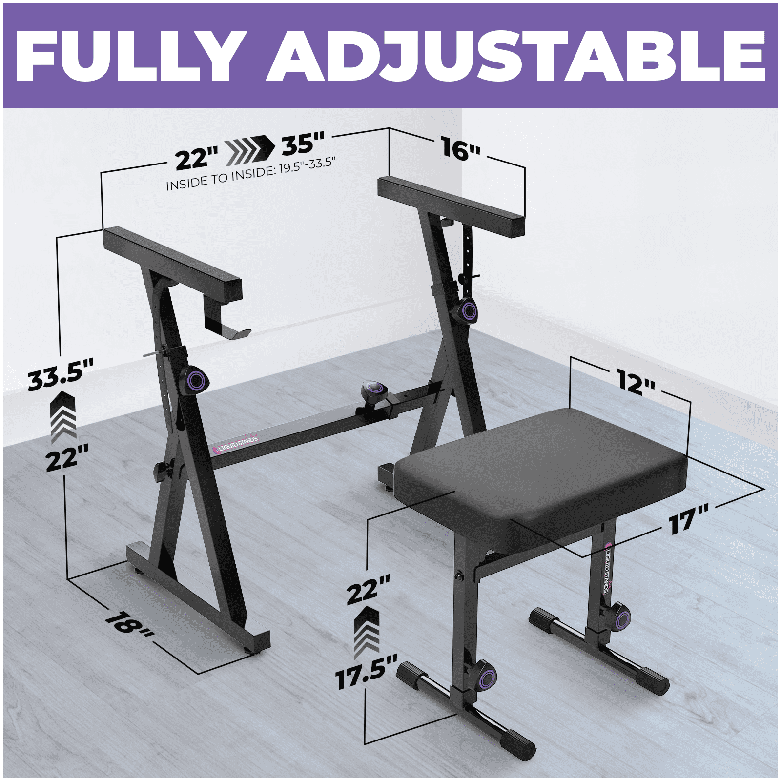 Liquid Stands Piano Keyboard Stand and Bench Set - Portable Heavy Duty Digital Piano Stand for 54-88 Key Electric Pianos & Adjustable Piano Bench, Chair, Stool - Sturdy Keyboard Music Stand and Seat