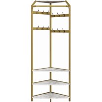 Corner Coat Rack with Shoe Bench, Vintage Hall Tree with 6 Double Hooks, Entryway Storage Bench with Shelf, Wooden Hanger Stand for Jackets Hats and Shoes