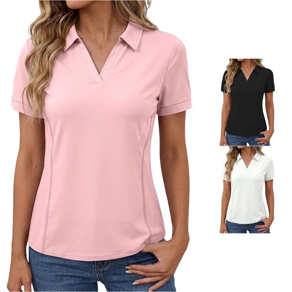 Jane Wardrobe Women V Neck Collared Polo Shirt, Short Sleeve Slim Fit Golf Blouse, Casual Solid Color Active Top, 1 Piece, S-XXL, Plus Size Friendly